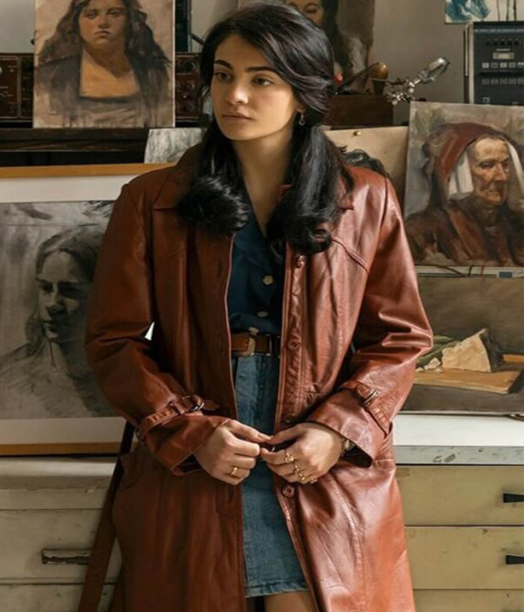 Aurora Giovinazzo The Big Fake 2026 Brown Leather Coat