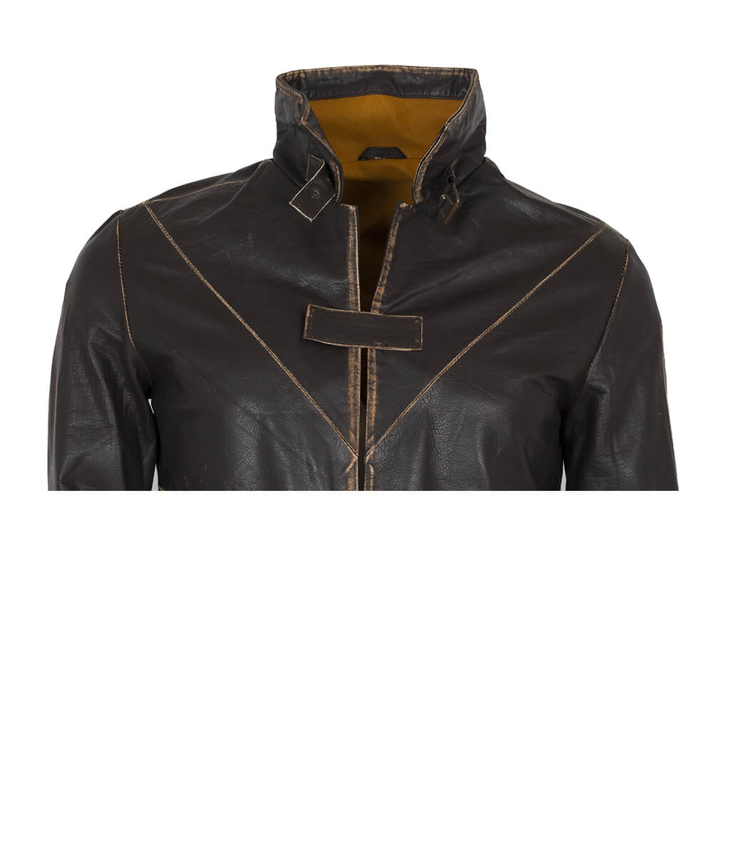 Cosplay Sci-Fi Belted Stand Collar Distressed Leather Trench Coat