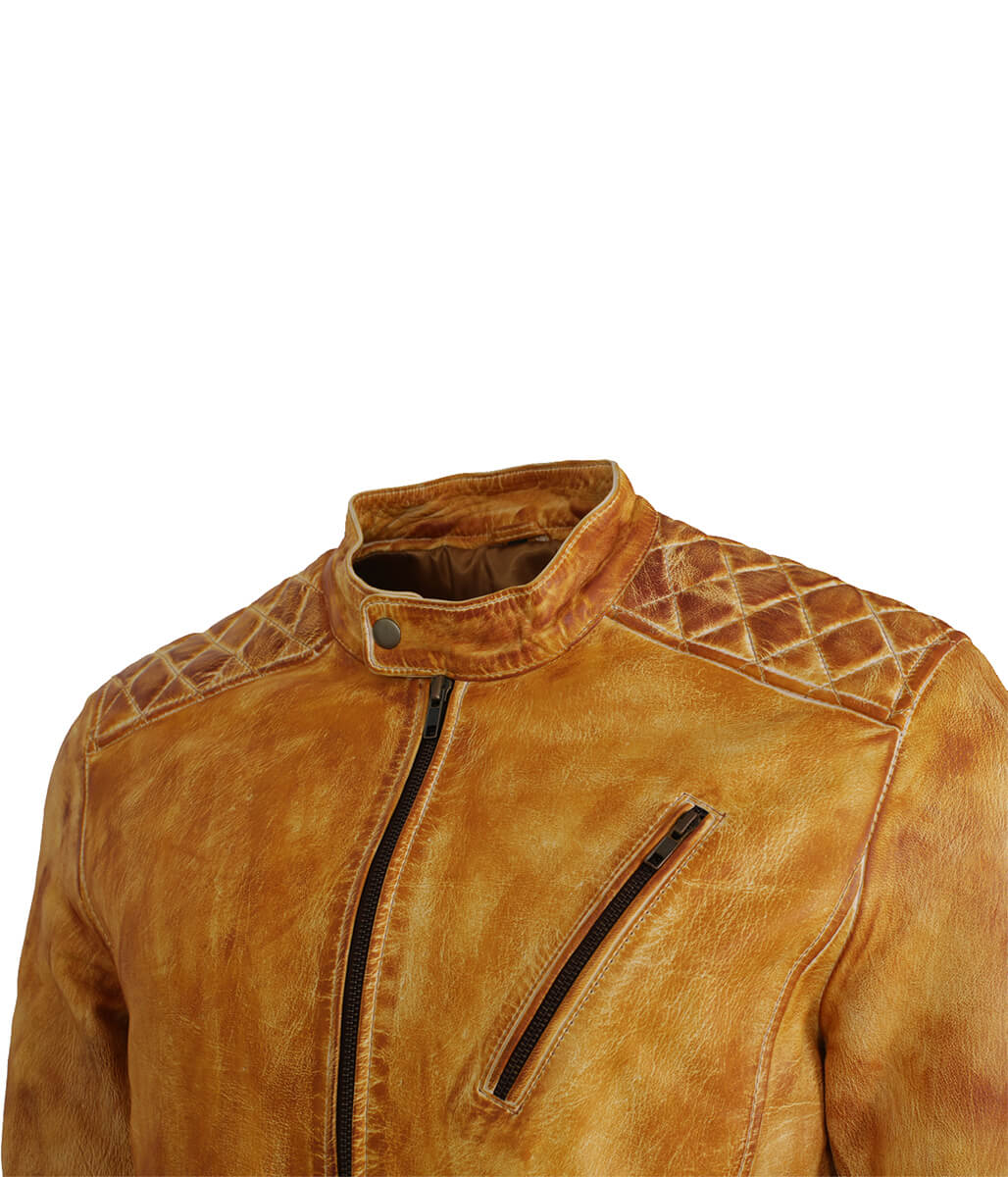 Diamond Quilted Shoulder Distressed Real Leather Jacket Light Tan