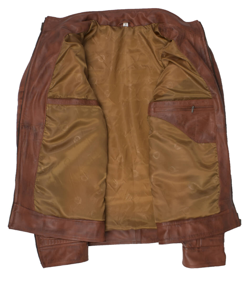 Fashion Men Snap Tab Padded Distressed Brown Leather Jacket