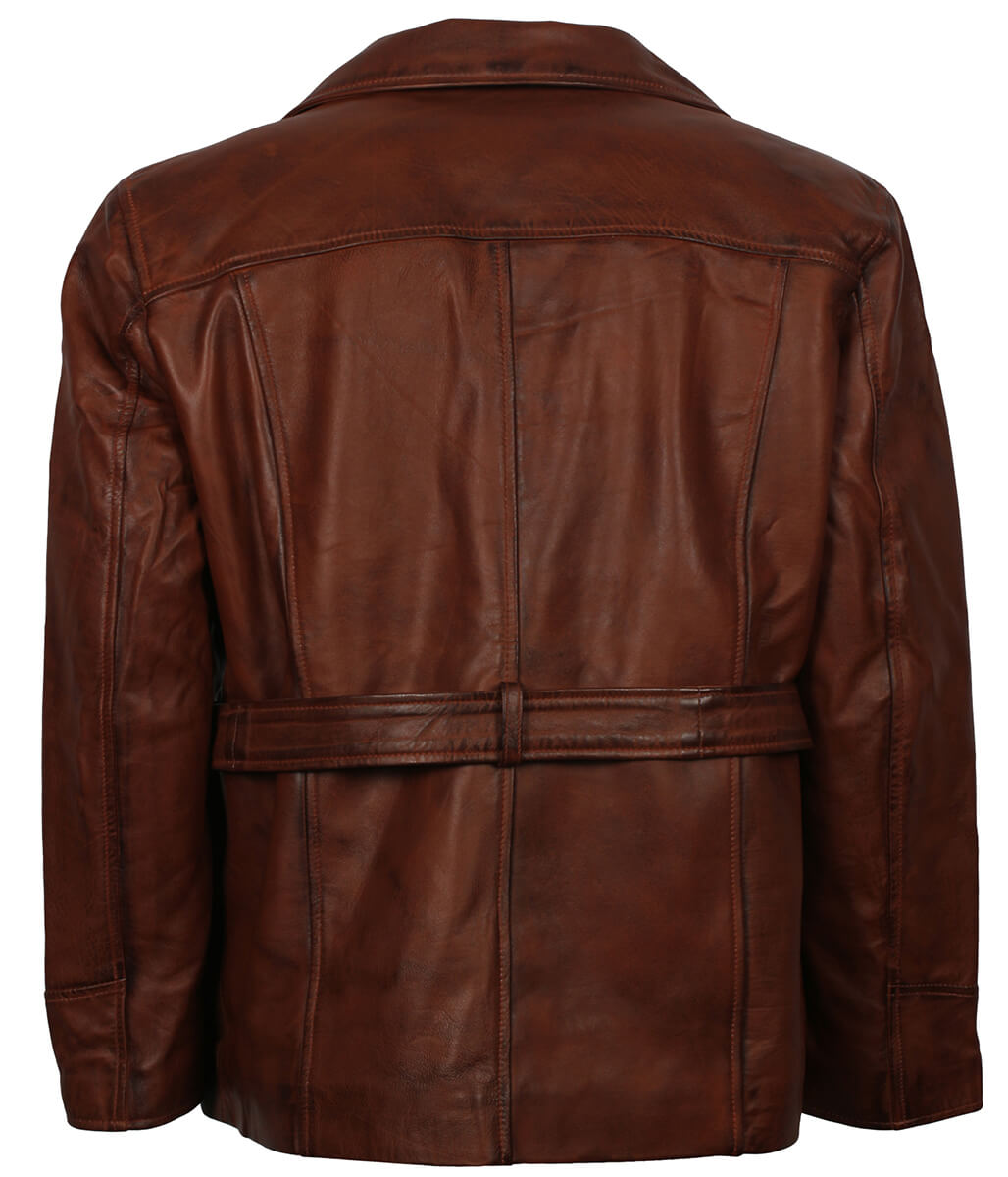 Gentleman Style Men Belted Classic Brown Leather Coat