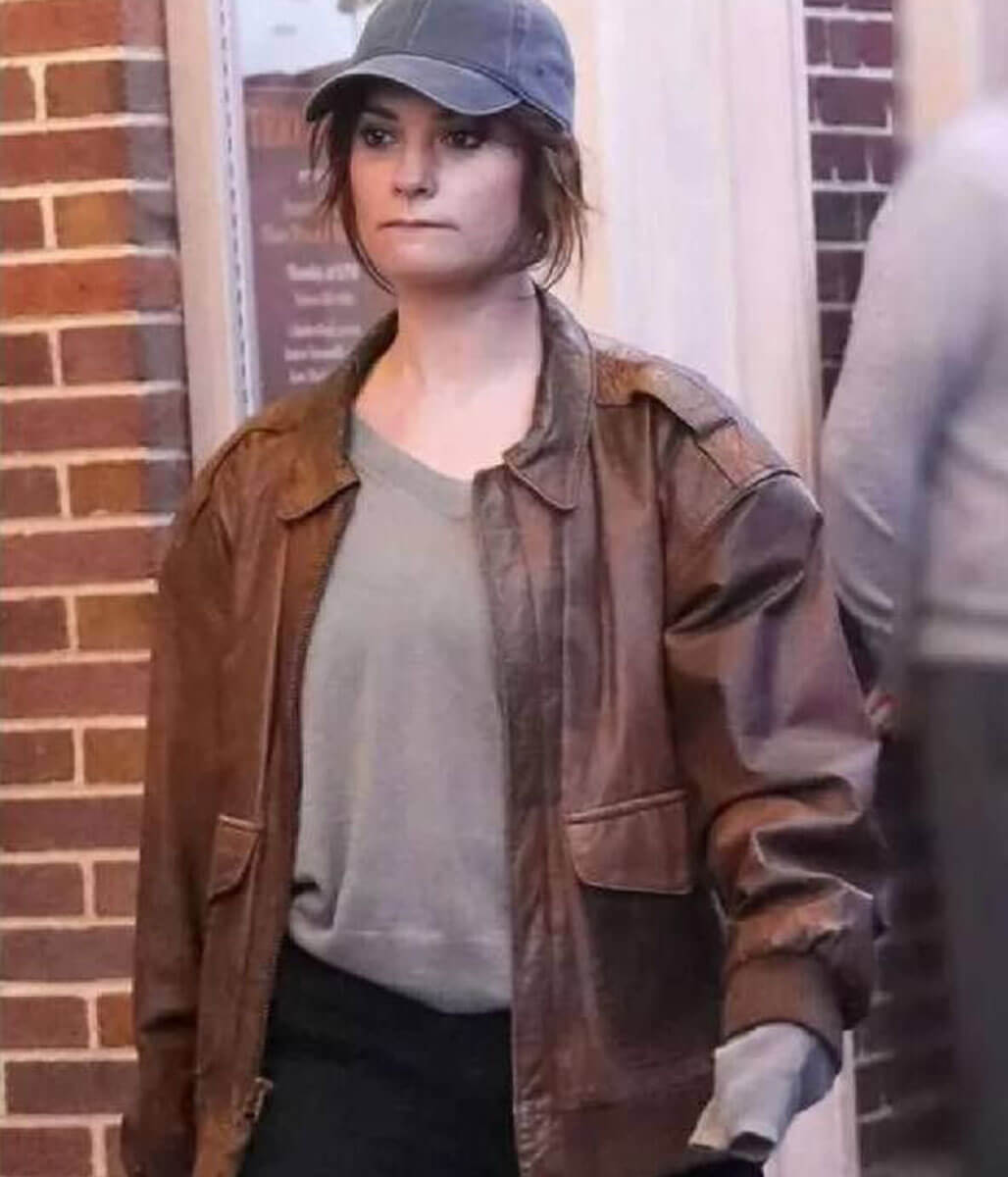 Lily James Brown Leather Jacket