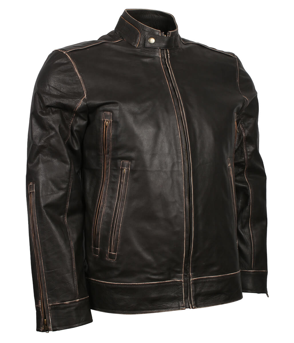 Men Burnished Edge Dark Brown Leather Jacket