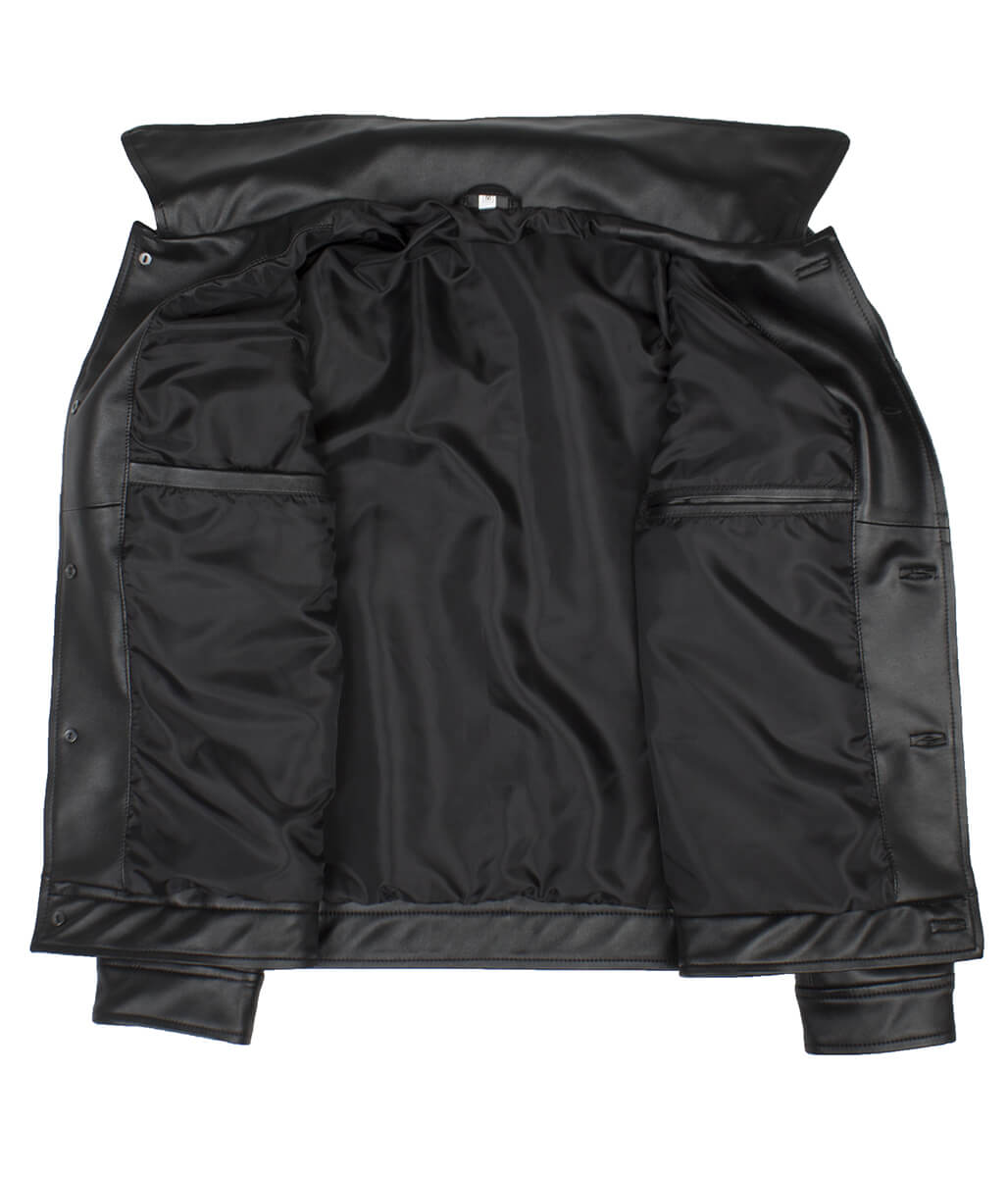 Men Button Closure Flap Pocket Trucker Black Leather Jacket