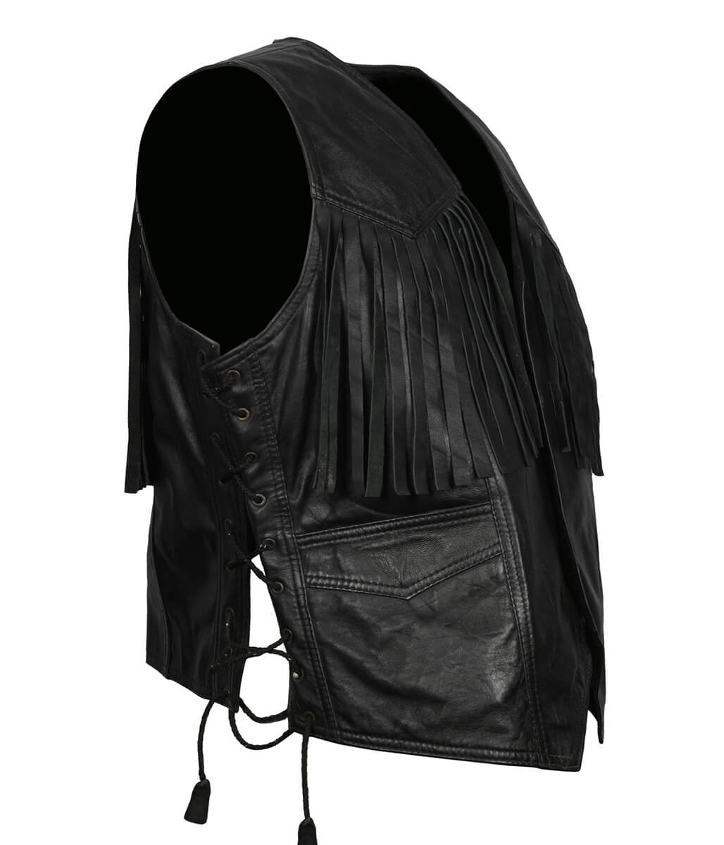 Men Cowboy Fringe Side-Laced Black Leather Vest