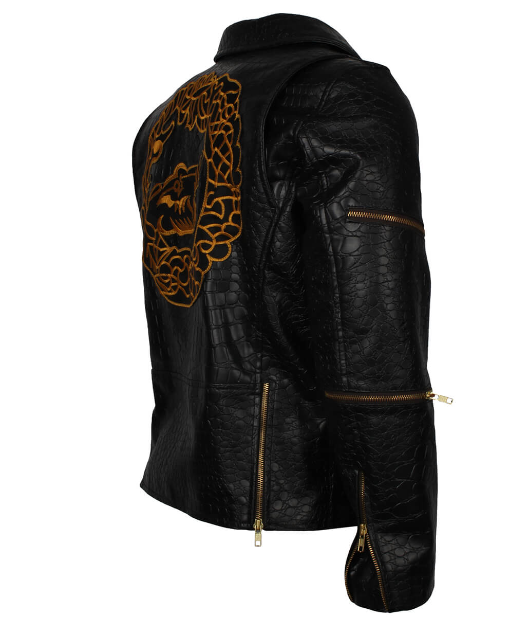 Men Crocodile Textured Gold Embroidery Leather Jacket