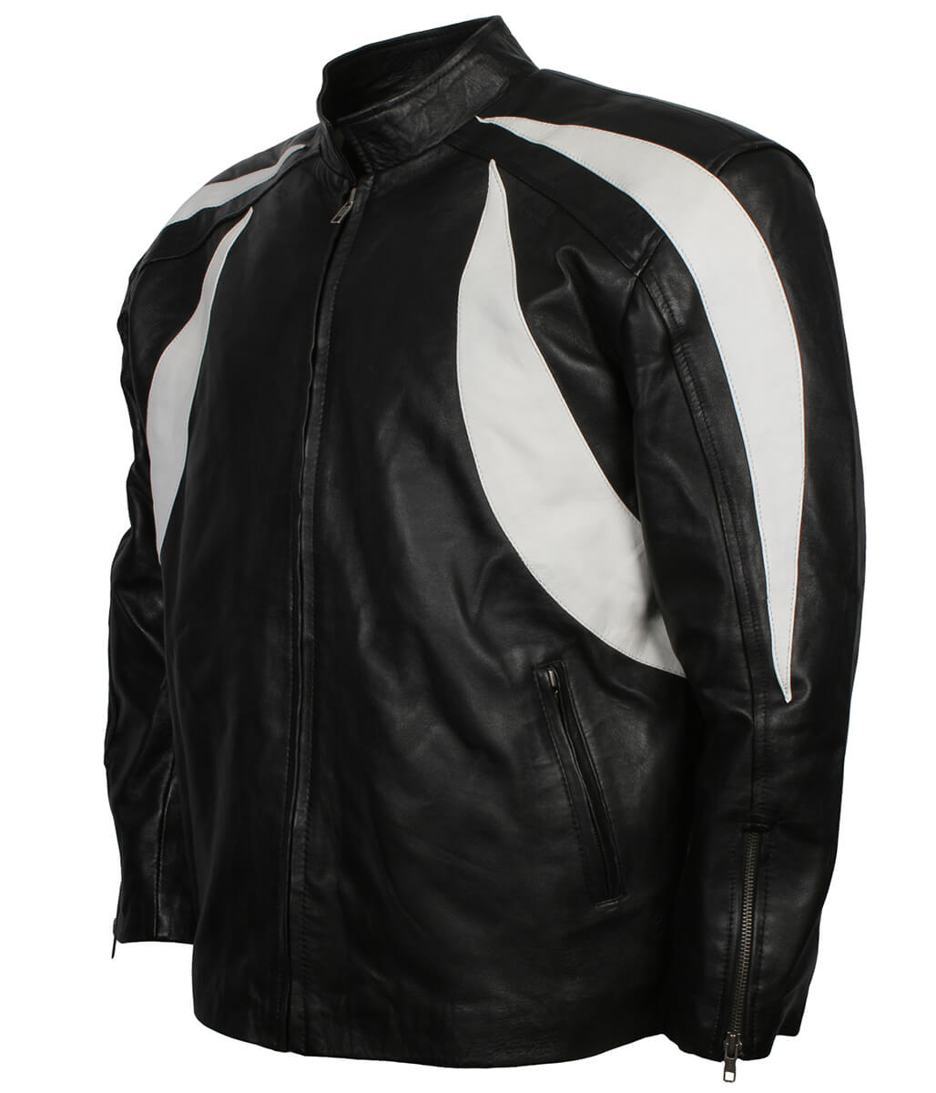 Men Curved Flame Panel Black and White Leather Jacket