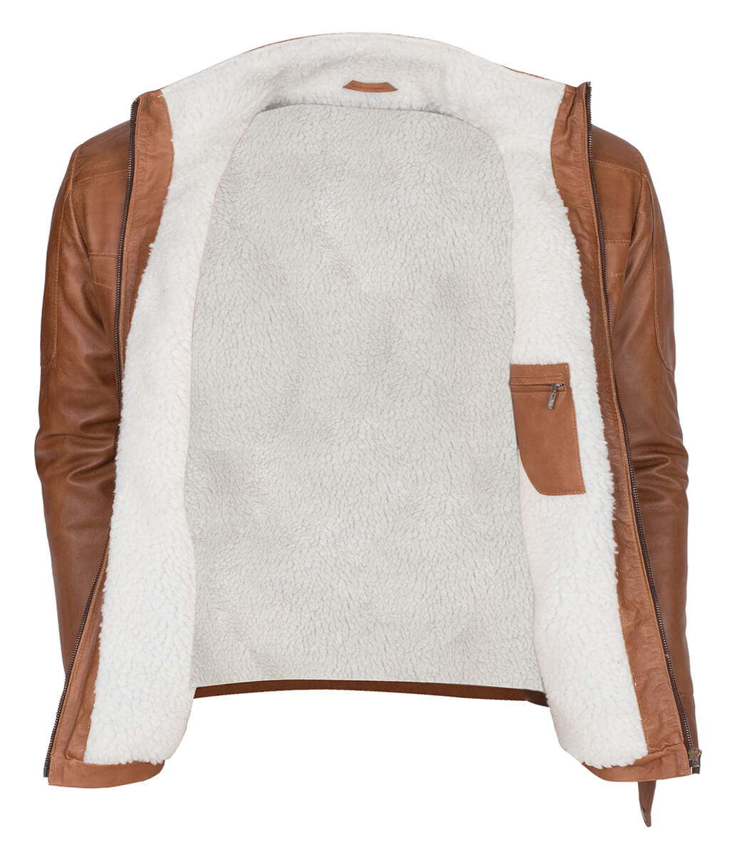Men Faux Shearling Lined Real Leather Jacket Tan