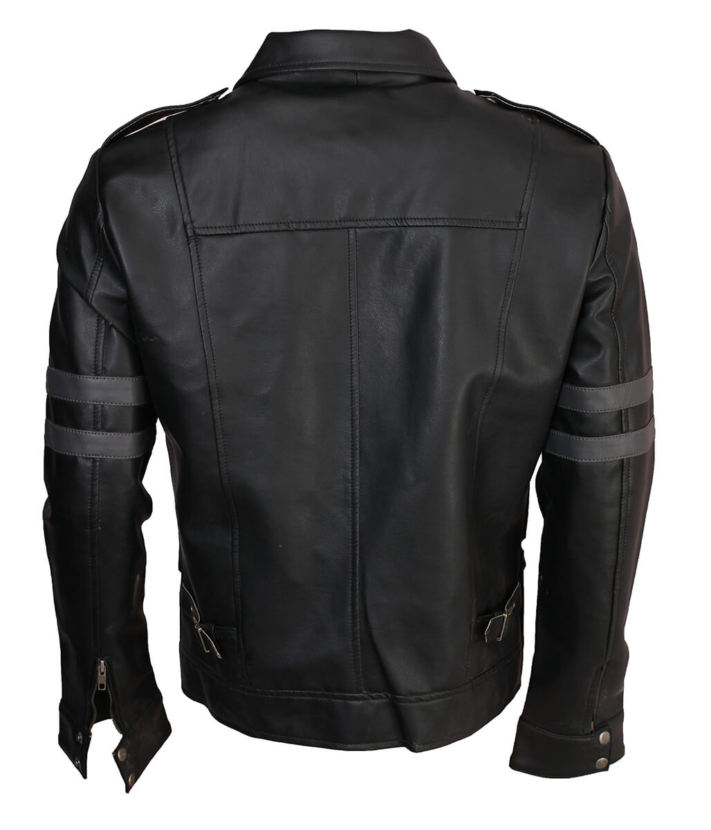 Men Four Pocket Arm Striped Motorcycle Black Leather Jacket