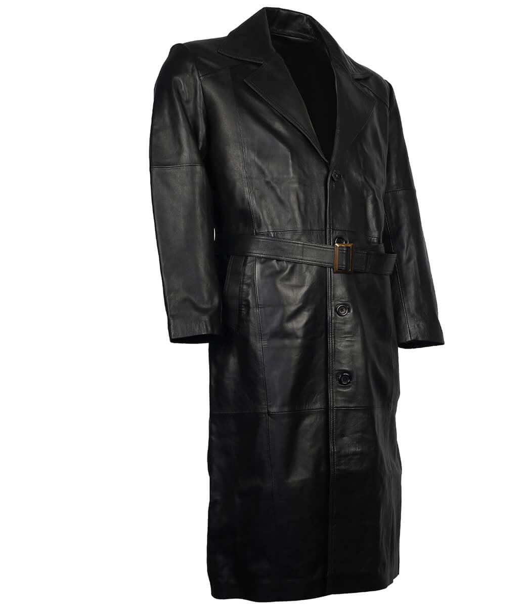Men Full Length Buckled Belt Black Leather Trench Coat