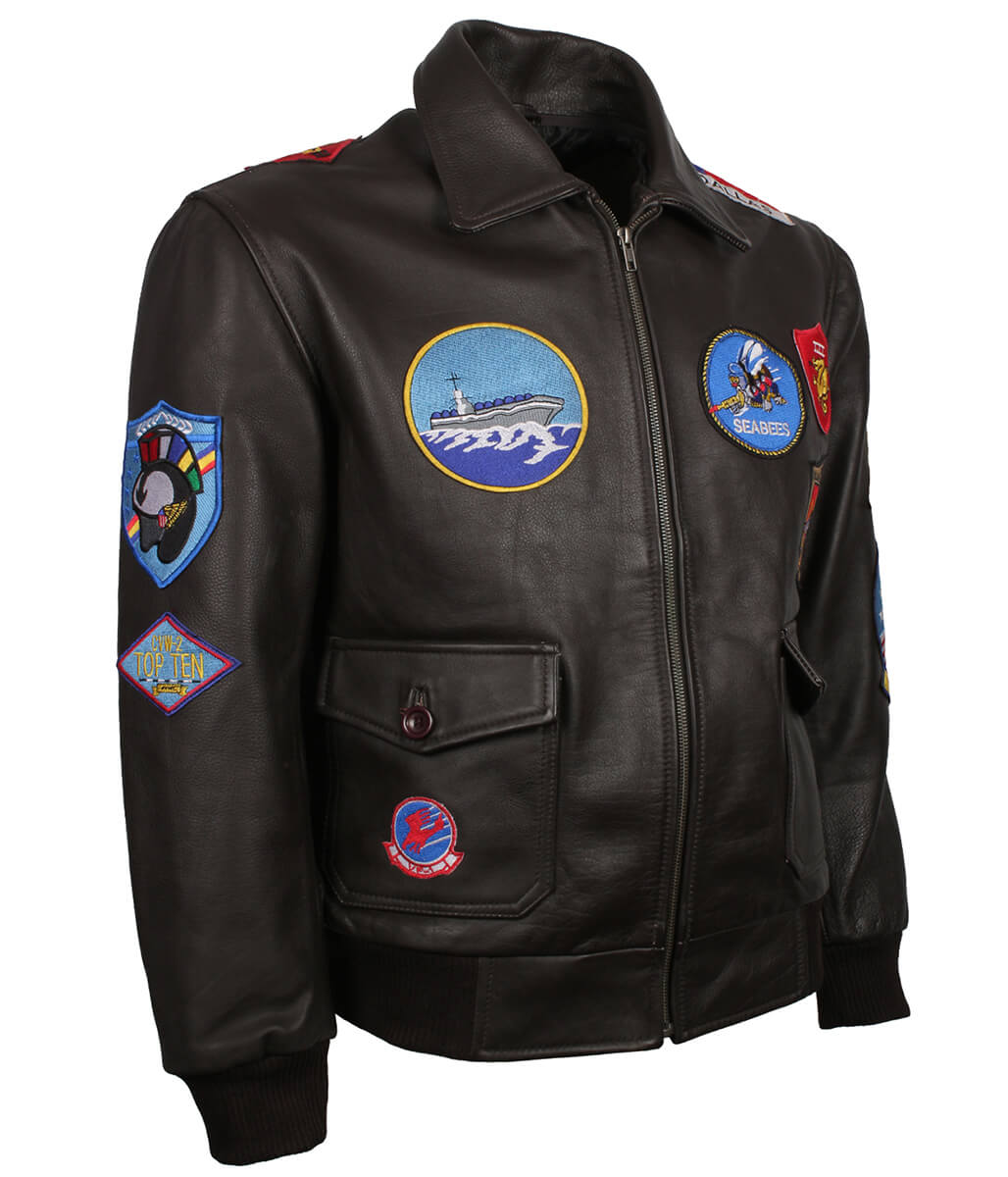 Men Naval Aviator Patches Dark Brown Bomber Leather Jacket