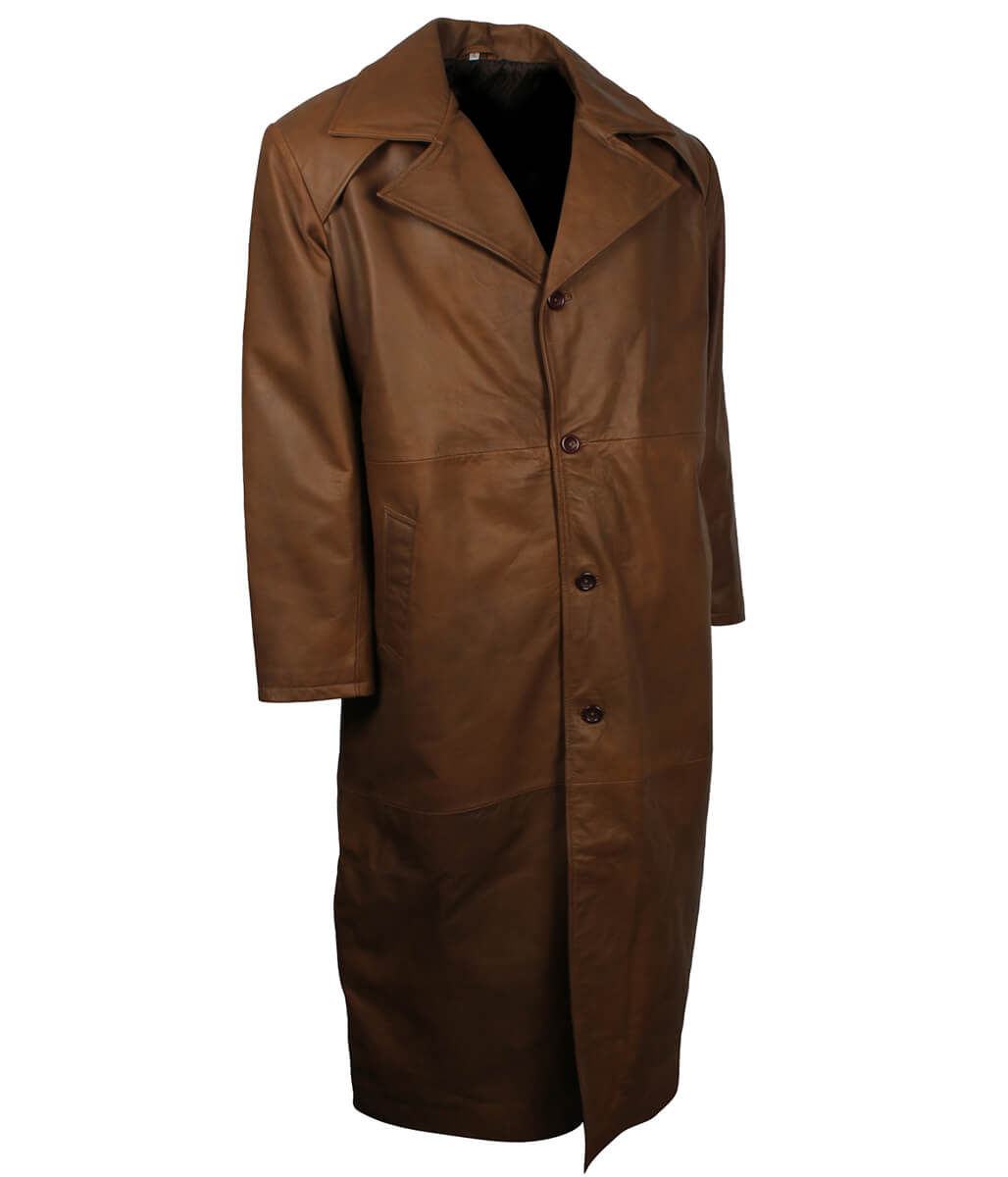 Men Vintage Cognac Buttoned Leather Trench Coat