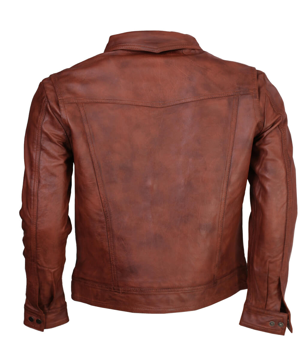 Men Vintage Shirt Collar Distressed Cognac Brown Real Leather Jacket