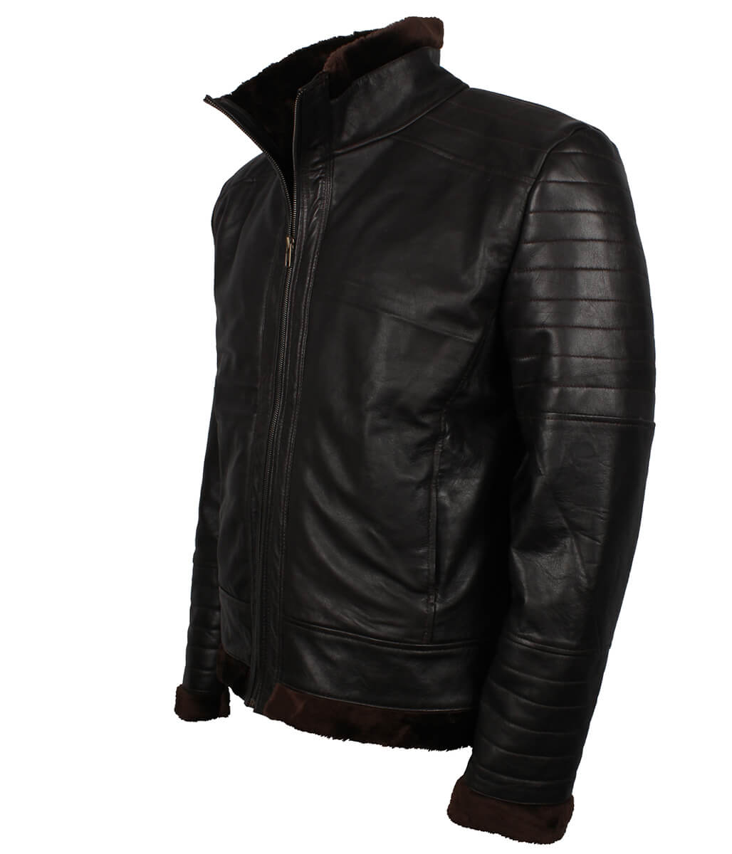 Padded Shoulder Fur Trim Dark Brown Shearling Leather Jacket