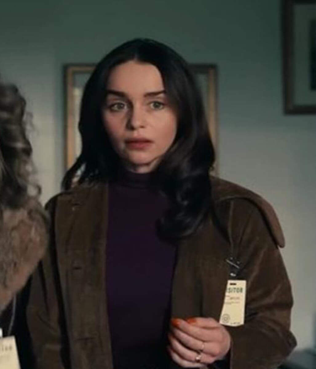 Ponies 2026 Emilia Clarke Brown Suede Leather Coat