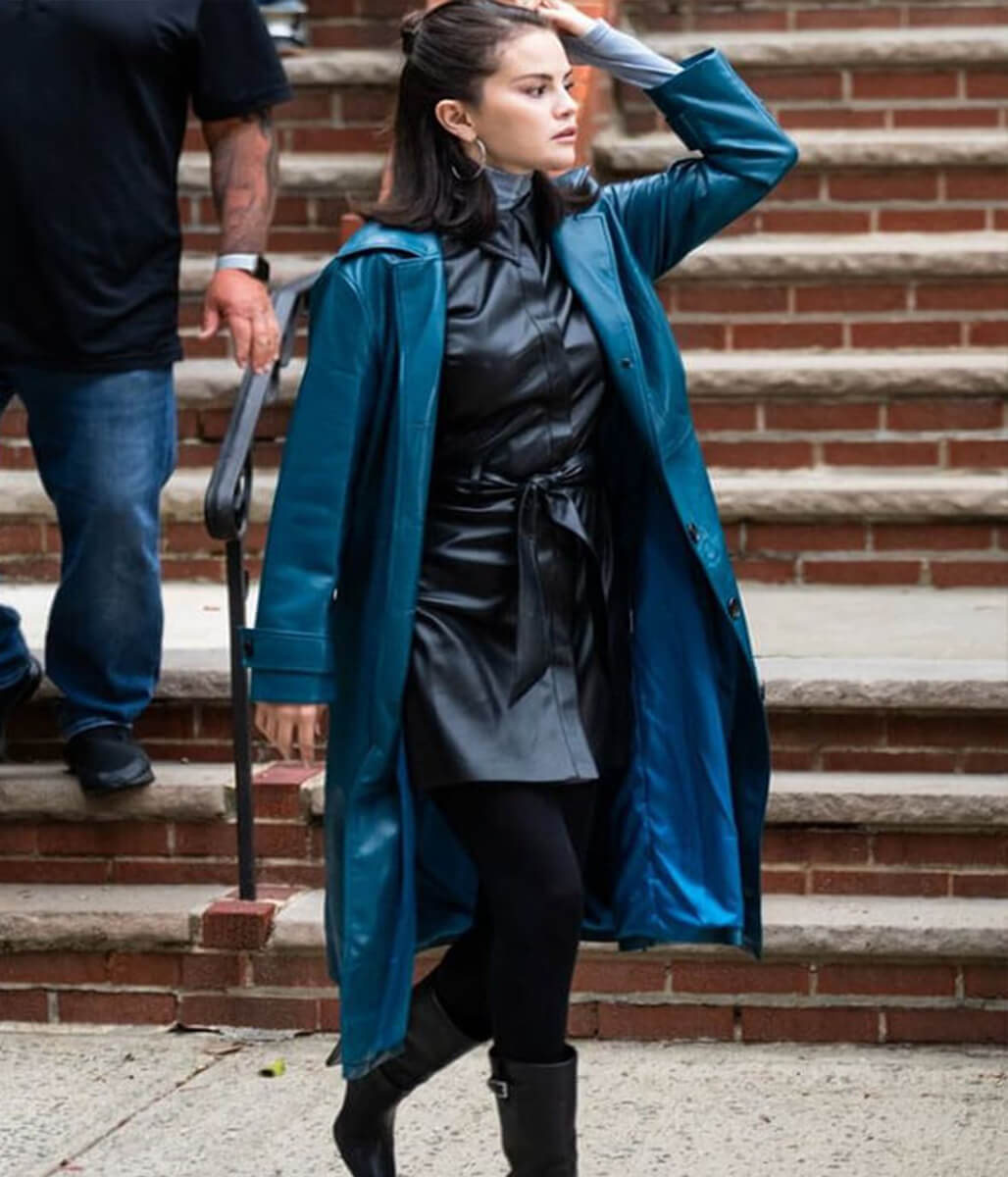 Selena Gomez NYC 2025 Blue Leather Coat