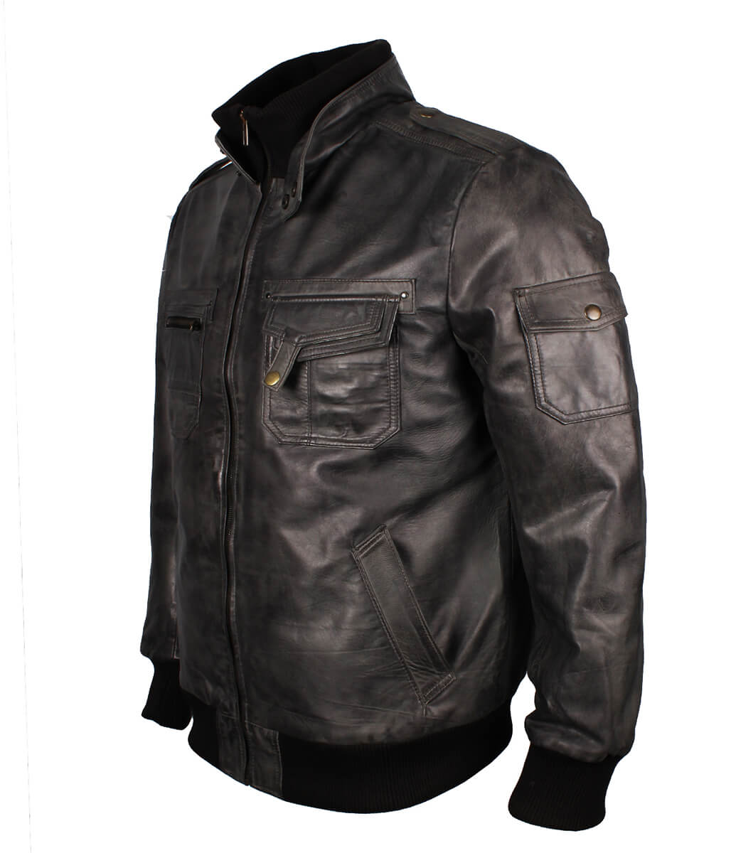 Vintage Men Grey Bomber Leather Jacket