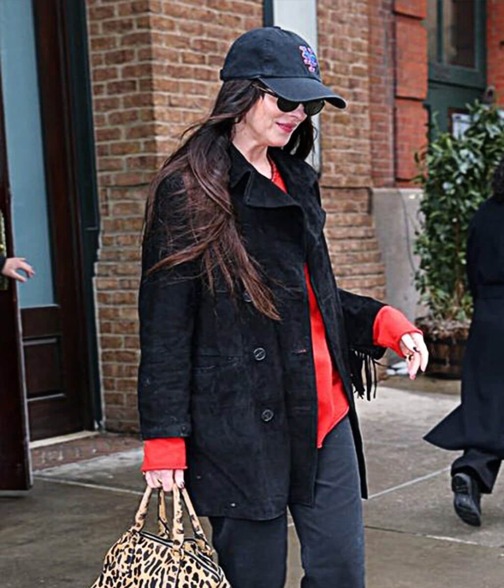 Dakota Johnson NYC 2026 Black Suede Leather Coat