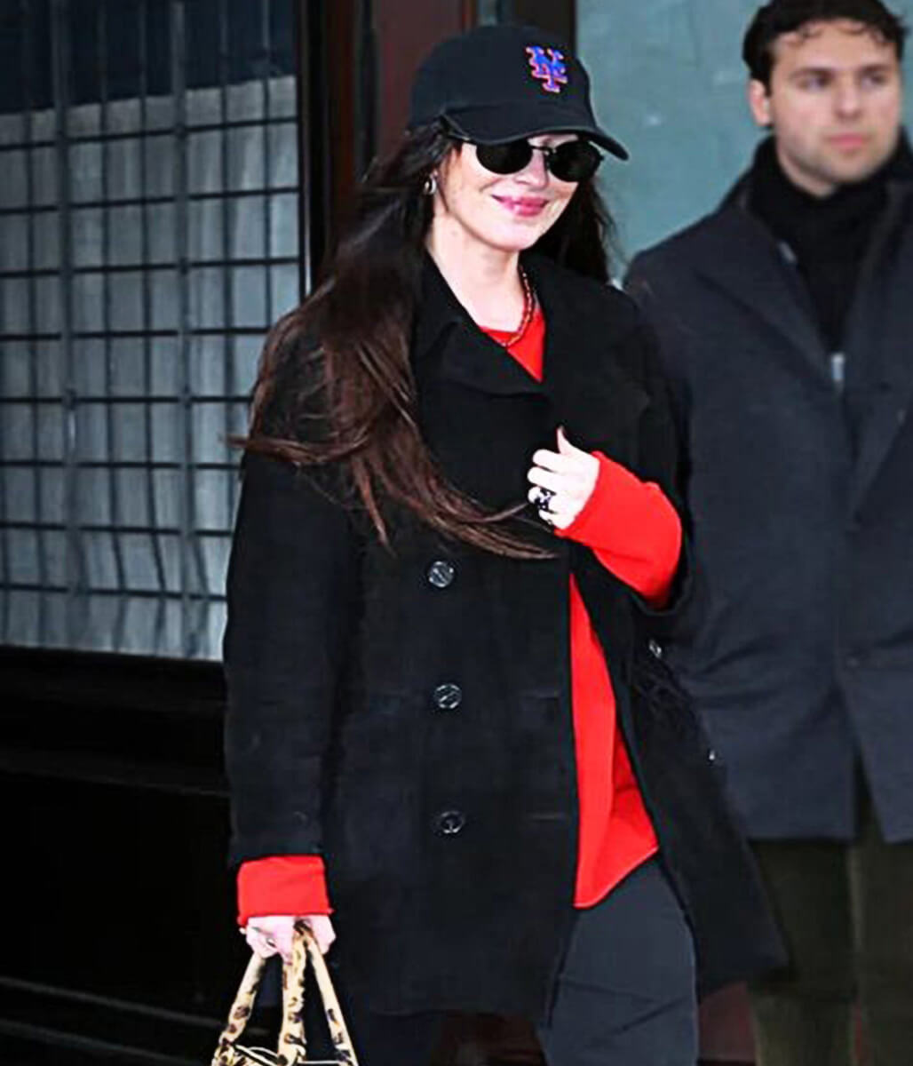 Dakota Johnson NYC 2026 Black Suede Leather Coat