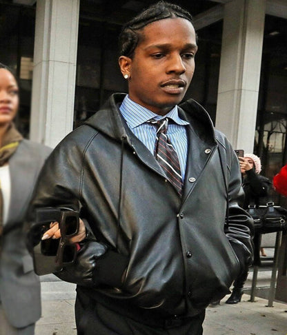 A$AP Rocky Black Leather Hooded Jacket