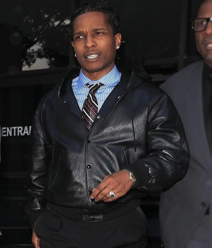 A$AP Rocky Black Leather Hooded Jacket
