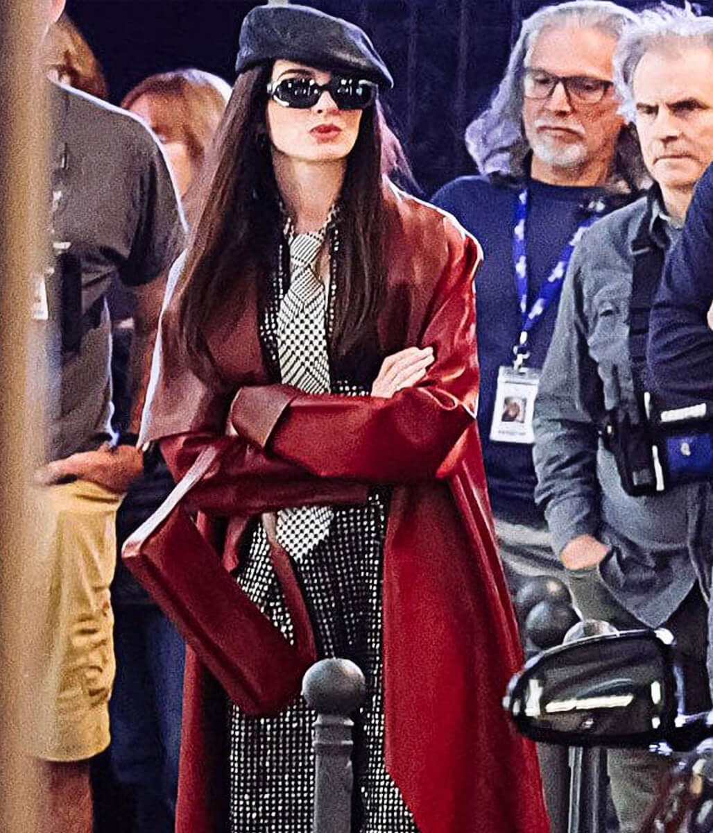 Anne Hathaway Devil Wears Prada 2 Red Leather Coat