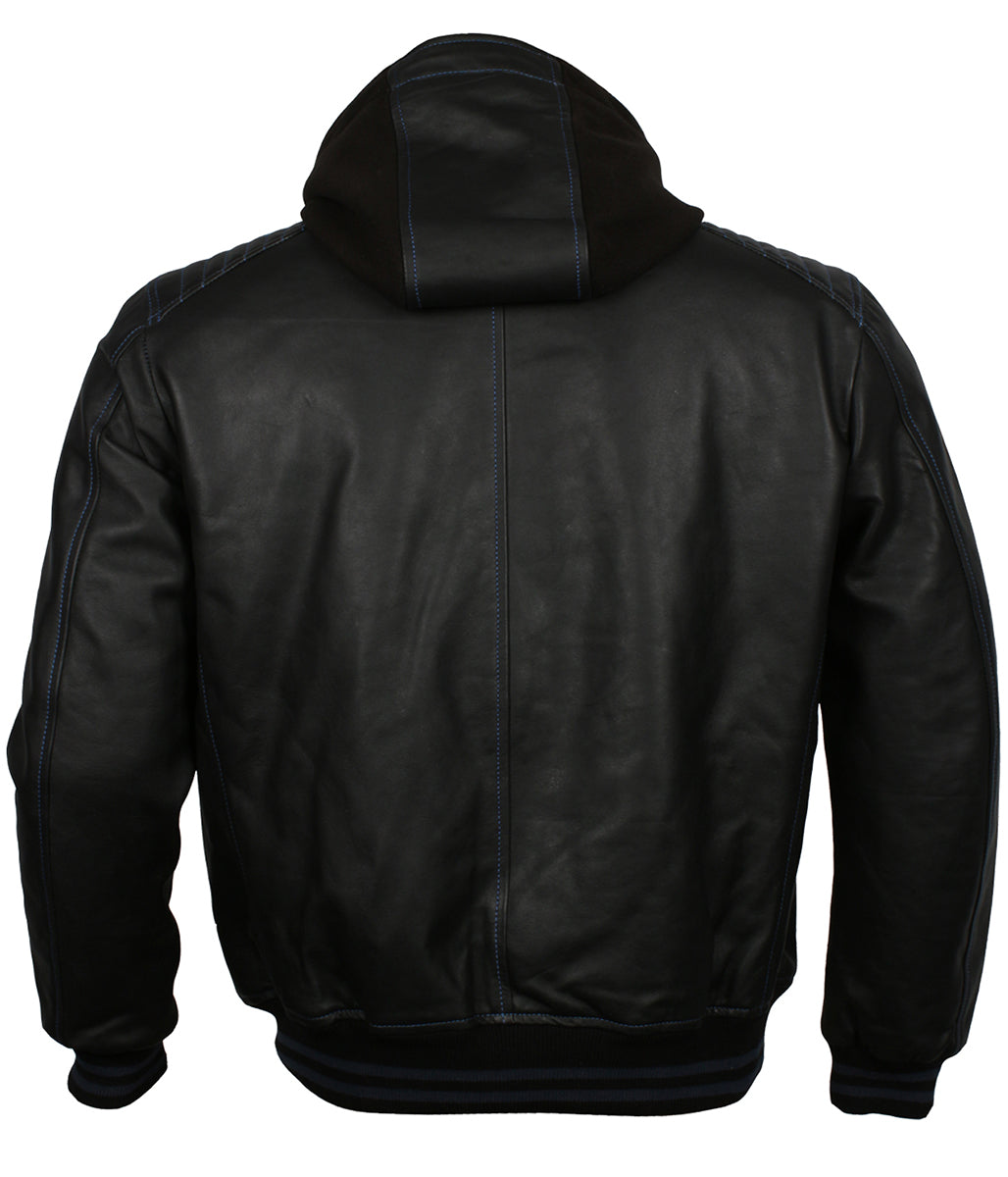 Athletic Men Black & Blue Trim Hooded Bomber Leather Jacket