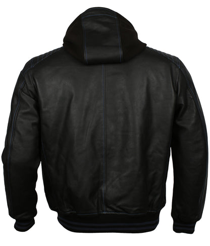 Athletic Men Black & Blue Trim Hooded Bomber Leather Jacket