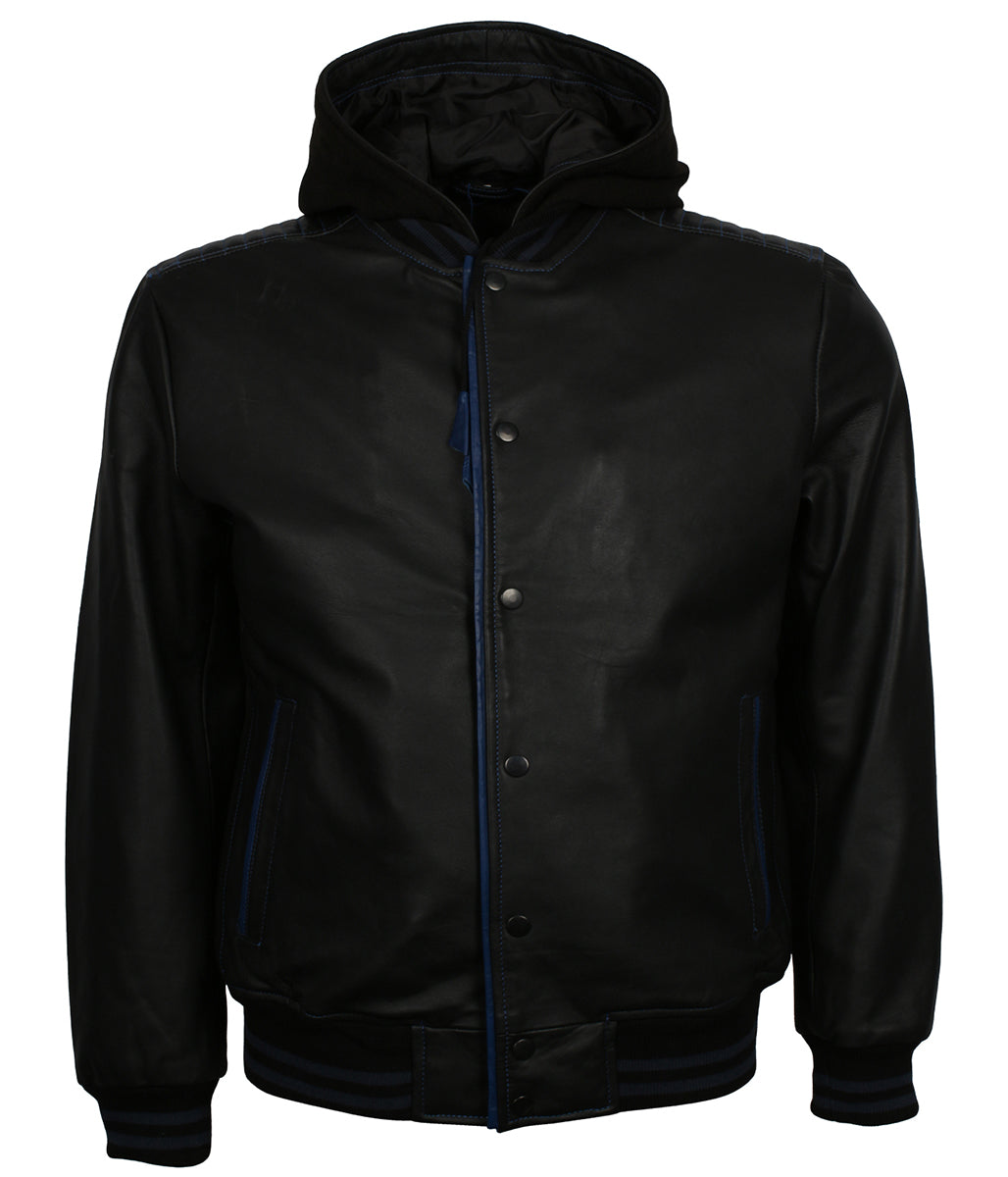 Athletic Men Black & Blue Trim Hooded Bomber Leather Jacket