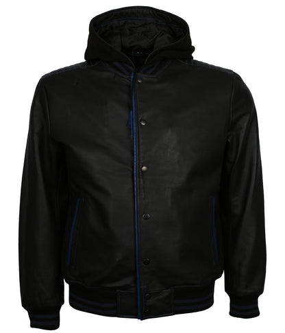Athletic Men Black & Blue Trim Hooded Bomber Leather Jacket