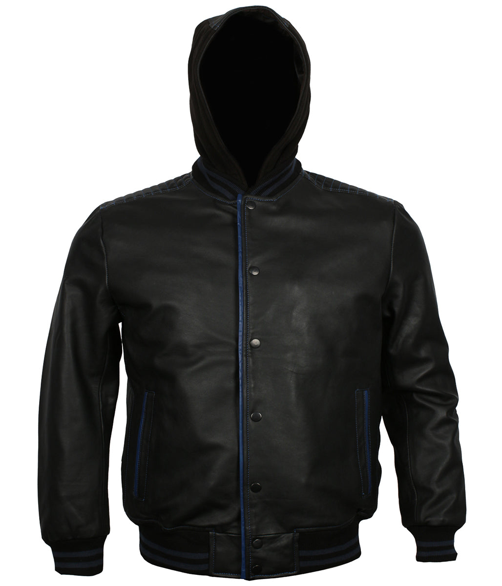 Athletic Men Black & Blue Trim Hooded Bomber Leather Jacket