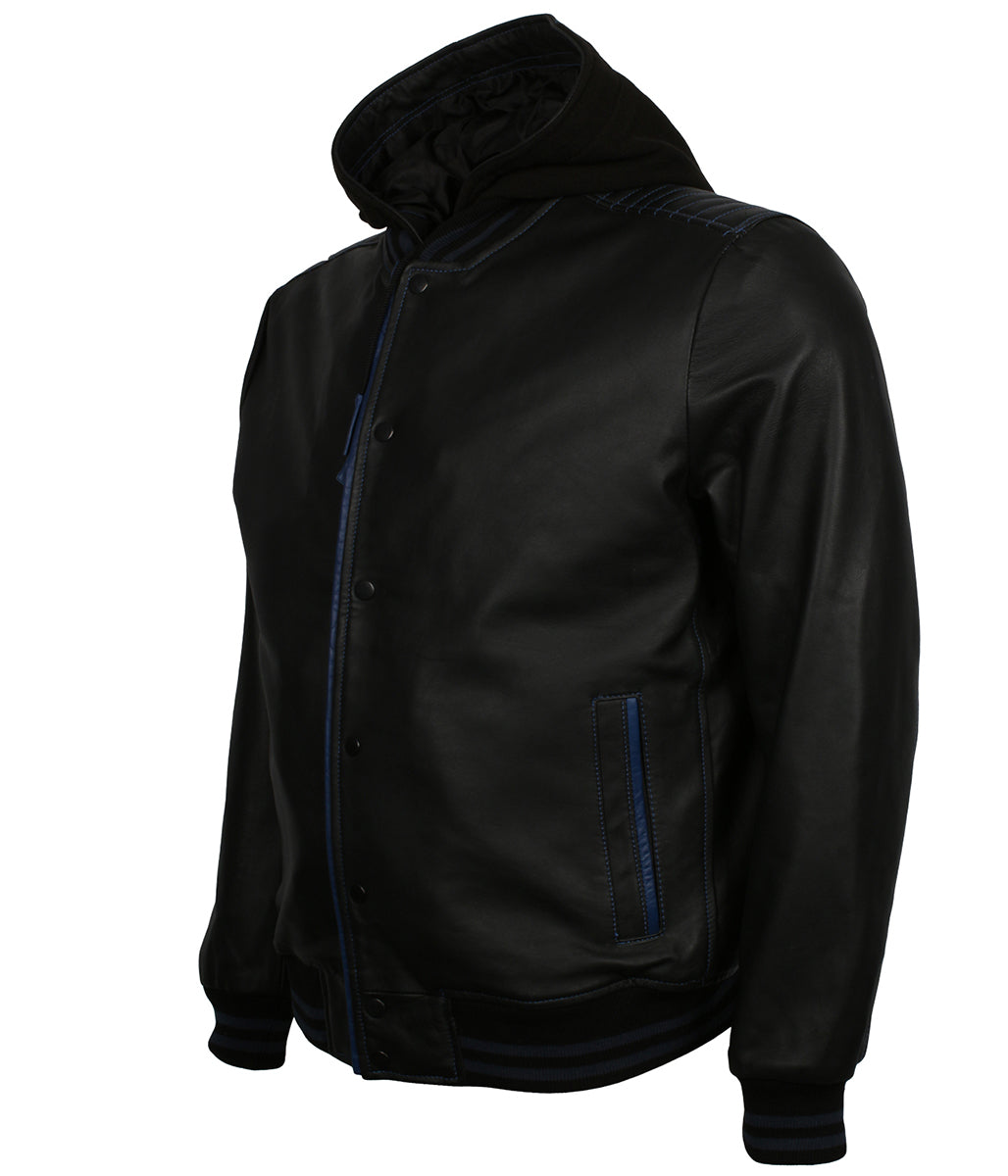 Athletic Men Black & Blue Trim Hooded Bomber Leather Jacket