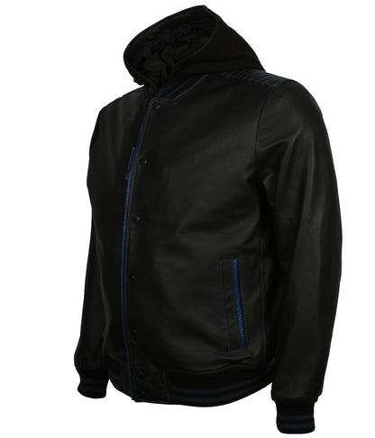 Athletic Men Black & Blue Trim Hooded Bomber Leather Jacket