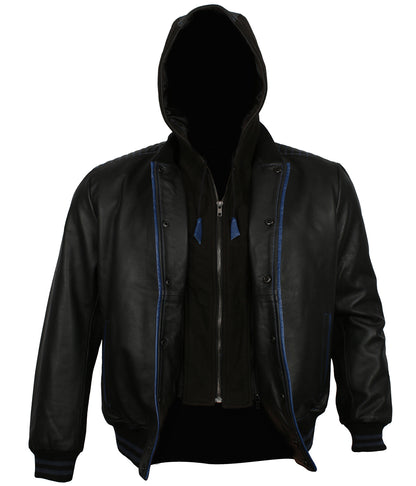Athletic Men Black & Blue Trim Hooded Bomber Leather Jacket