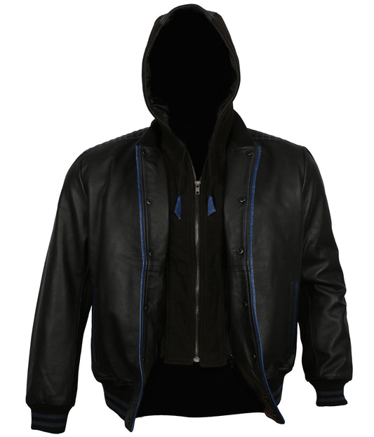 Athletic Men Black & Blue Trim Hooded Bomber Leather Jacket