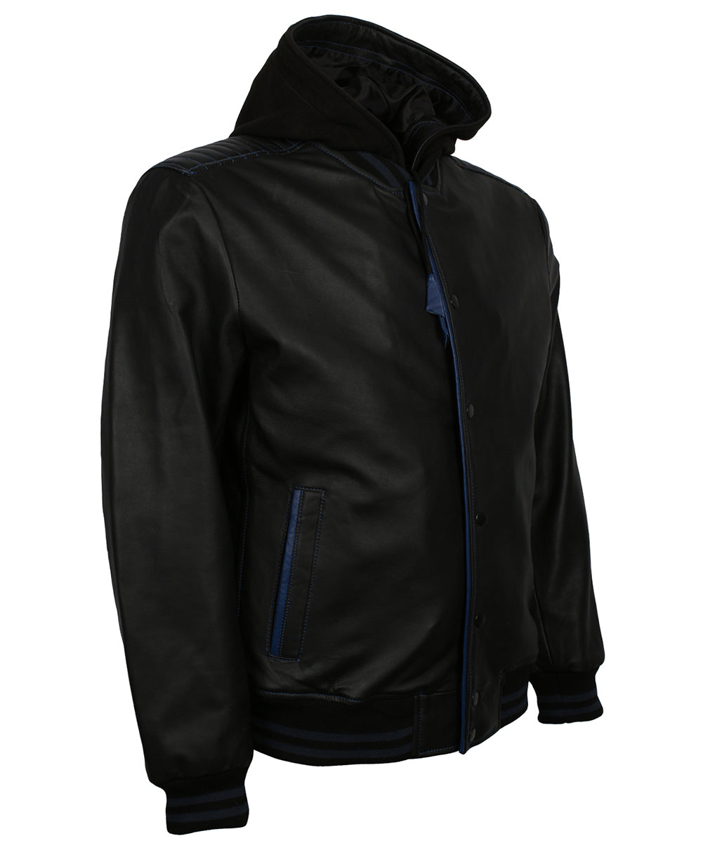 Athletic Men Black & Blue Trim Hooded Bomber Leather Jacket