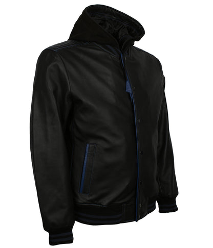 Athletic Men Black & Blue Trim Hooded Bomber Leather Jacket