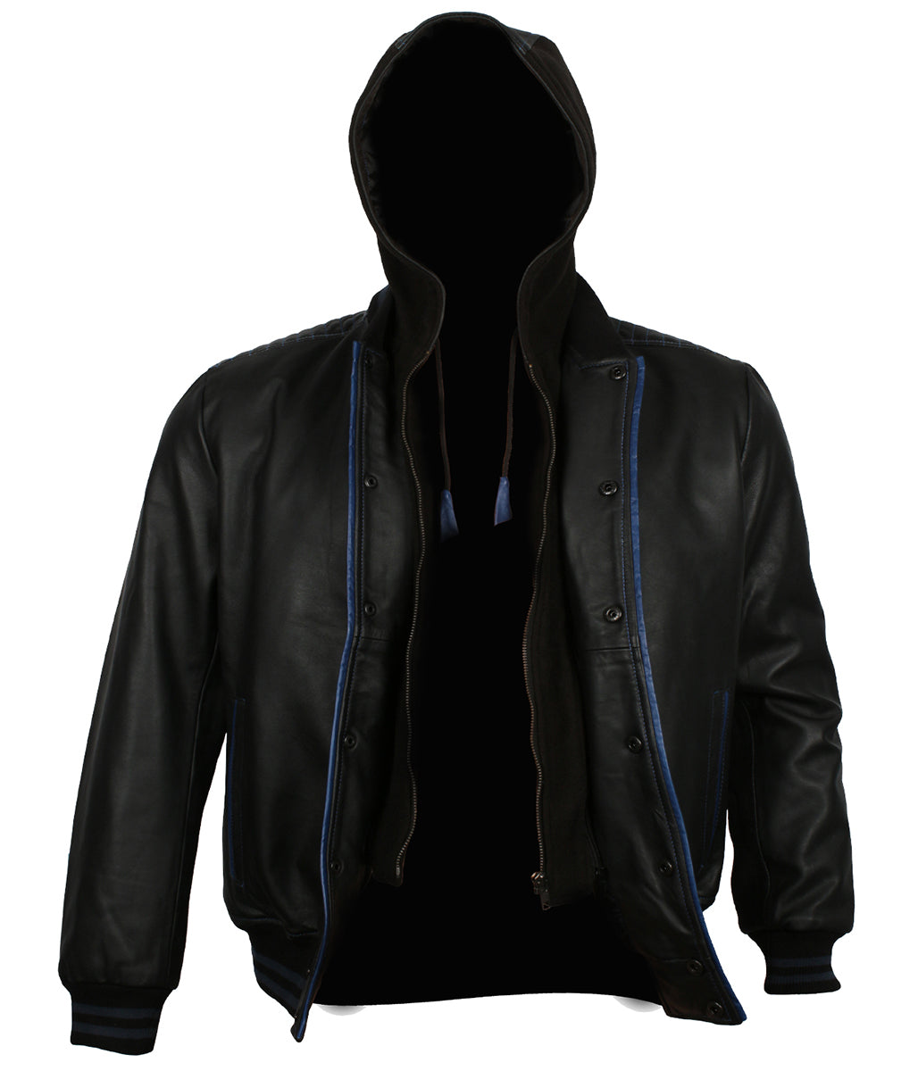 Athletic Men Black & Blue Trim Hooded Bomber Leather Jacket