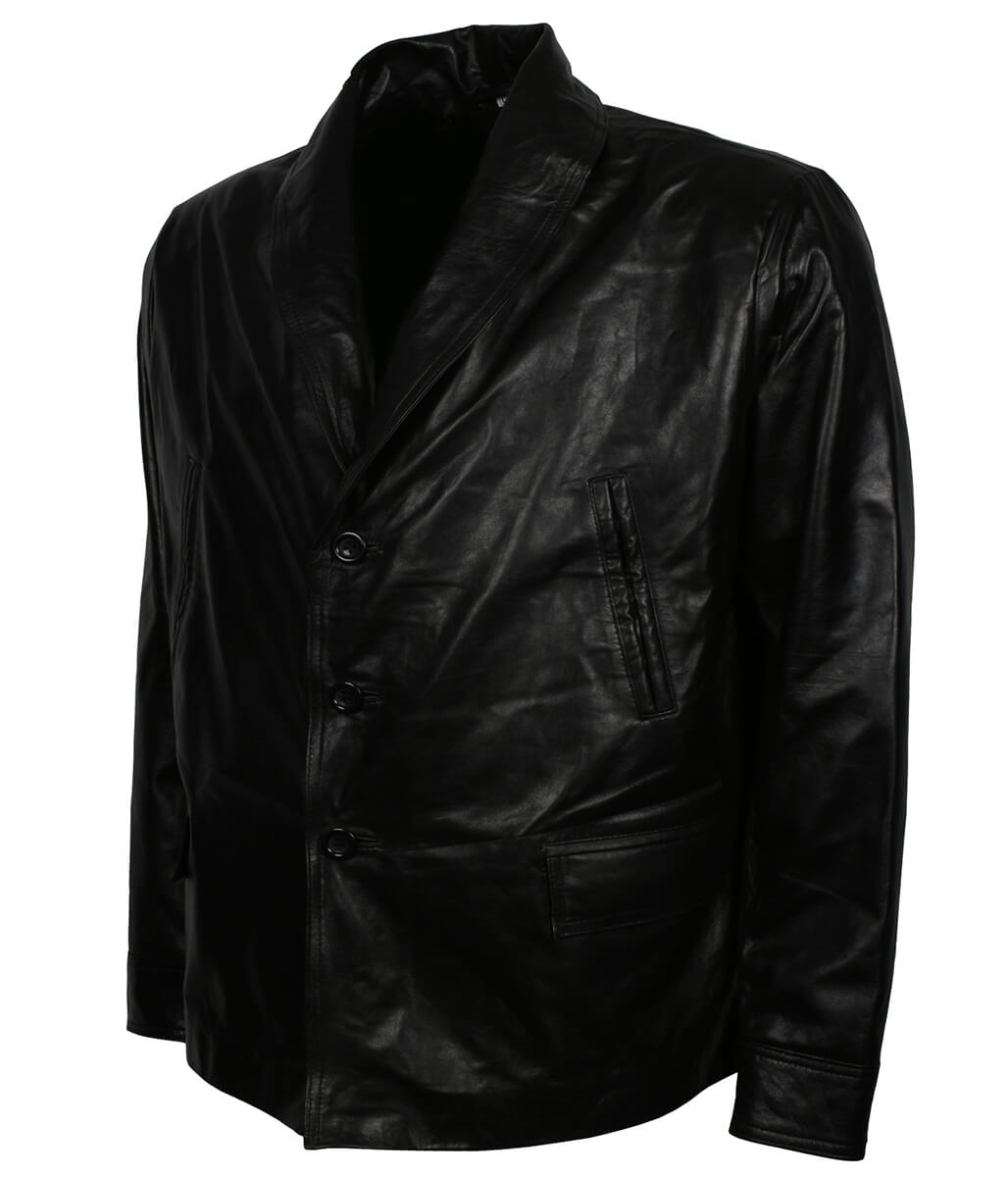 Classic Vintage Winter Men Fur Collar Black Leather Coat