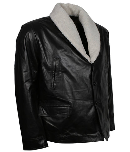 Classic Vintage Winter Men Fur Collar Black Leather Coat