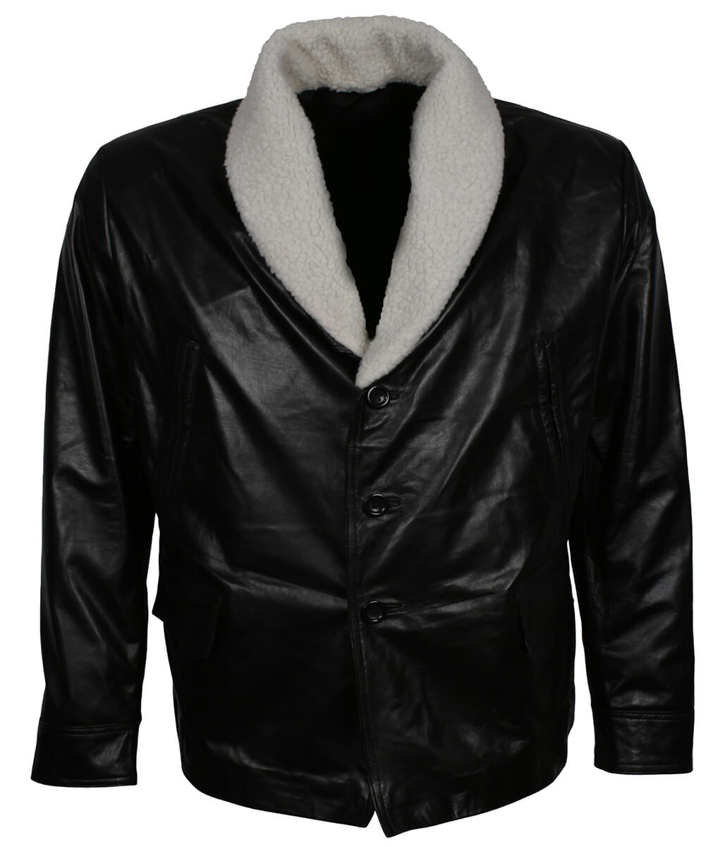 Classic Vintage Winter Men Fur Collar Black Leather Coat