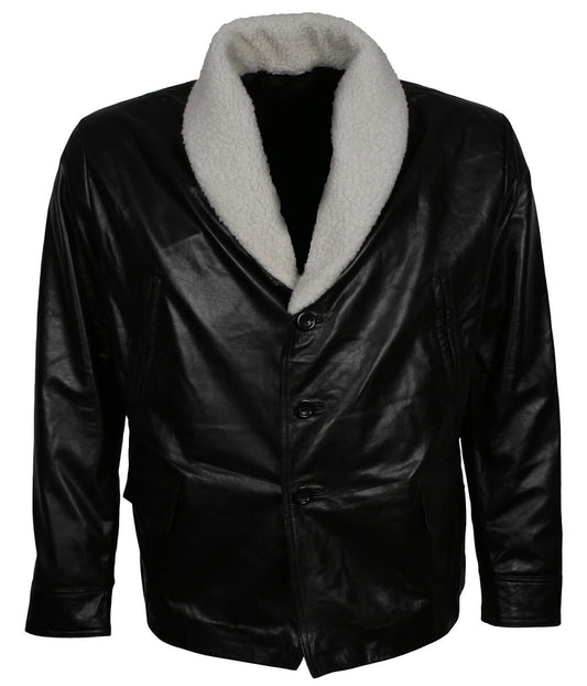 Classic Vintage Winter Men Fur Collar Black Leather Coat