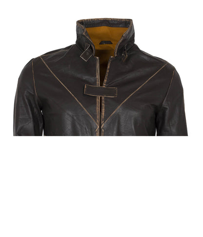 Cosplay Sci-Fi Belted Stand Collar Distressed Leather Trench Coat