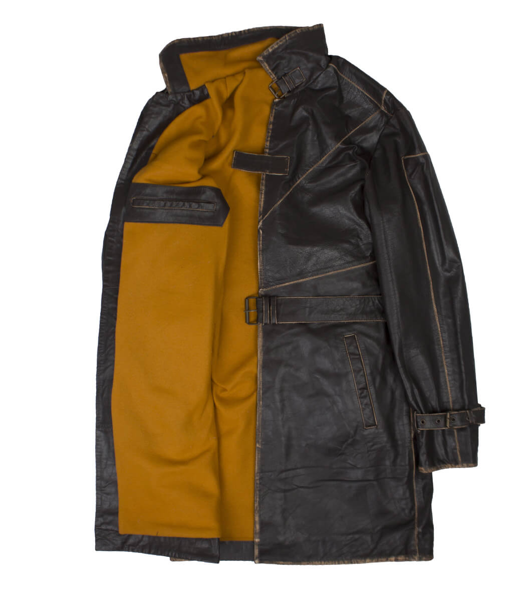 Cosplay Sci-Fi Belted Stand Collar Distressed Leather Trench Coat