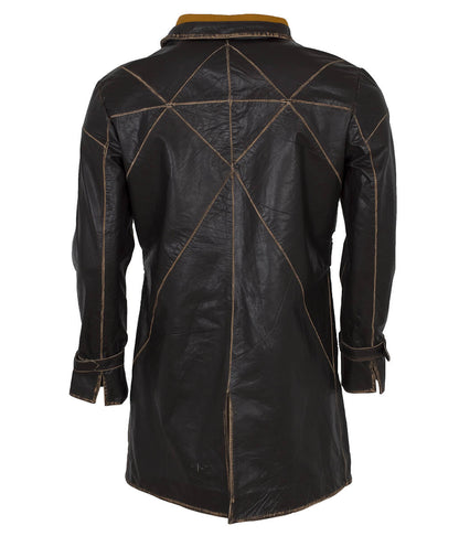 Cosplay Sci-Fi Belted Stand Collar Distressed Leather Trench Coat