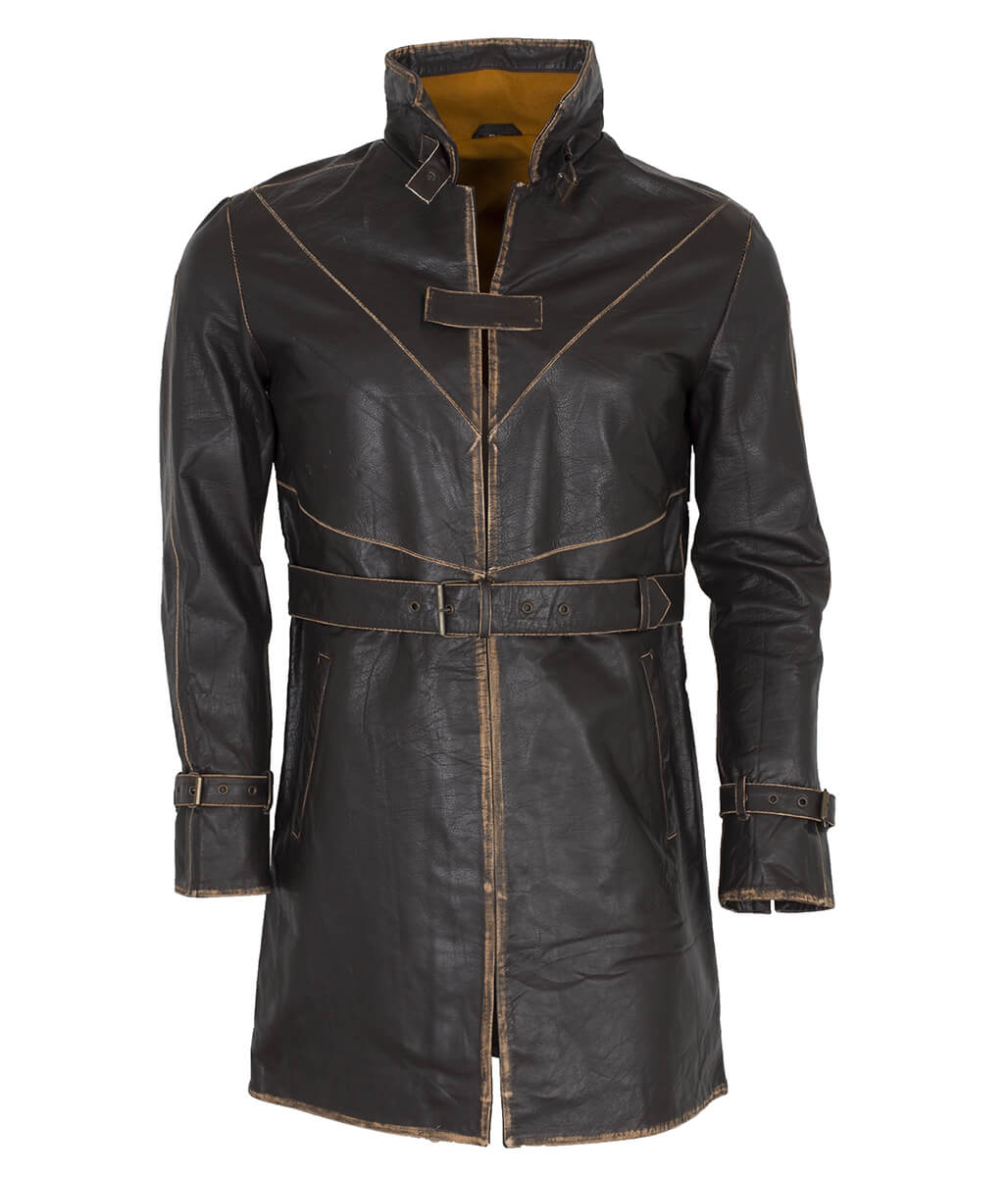 Cosplay Sci-Fi Belted Stand Collar Distressed Leather Trench Coat