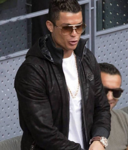 Cristiano Ronaldo Black Leather Hooded Jacket