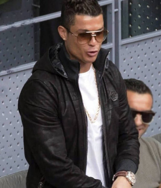 Cristiano Ronaldo Black Leather Hooded Jacket