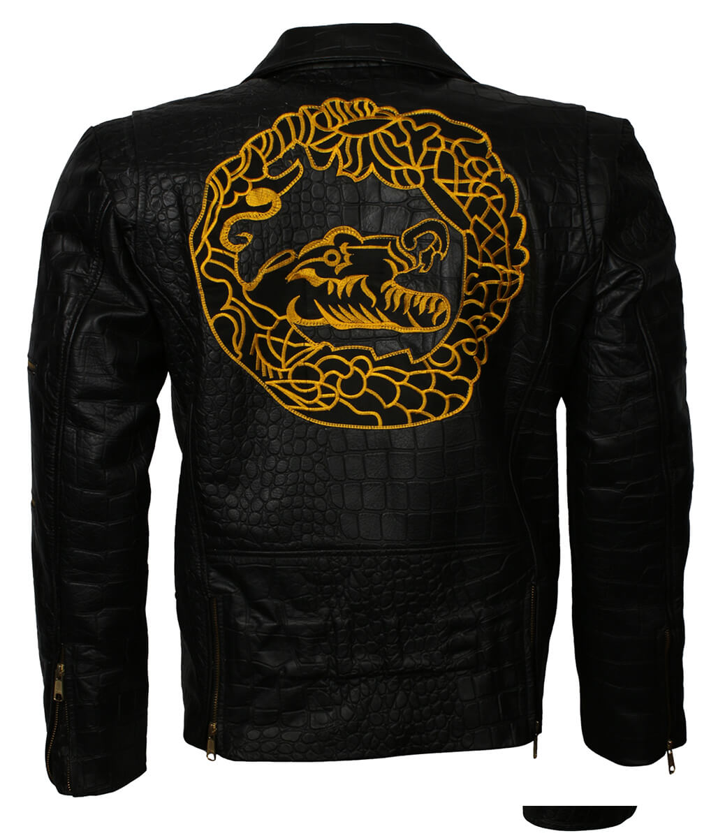 Crocodile Embossed Dragon Embroidered Black Leather Jacket