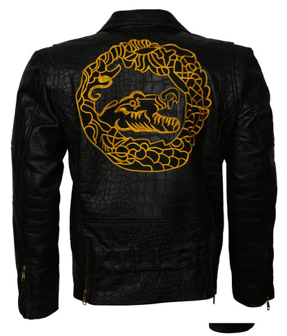 Crocodile Embossed Dragon Embroidered Black Leather Jacket